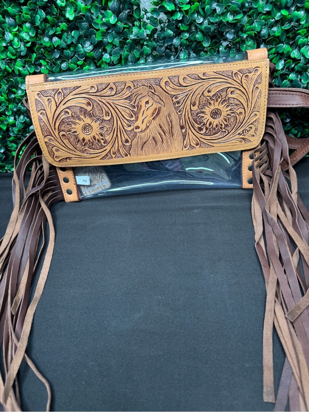 American Darling Tan Floral Tooled Clear Fringe Crossbody